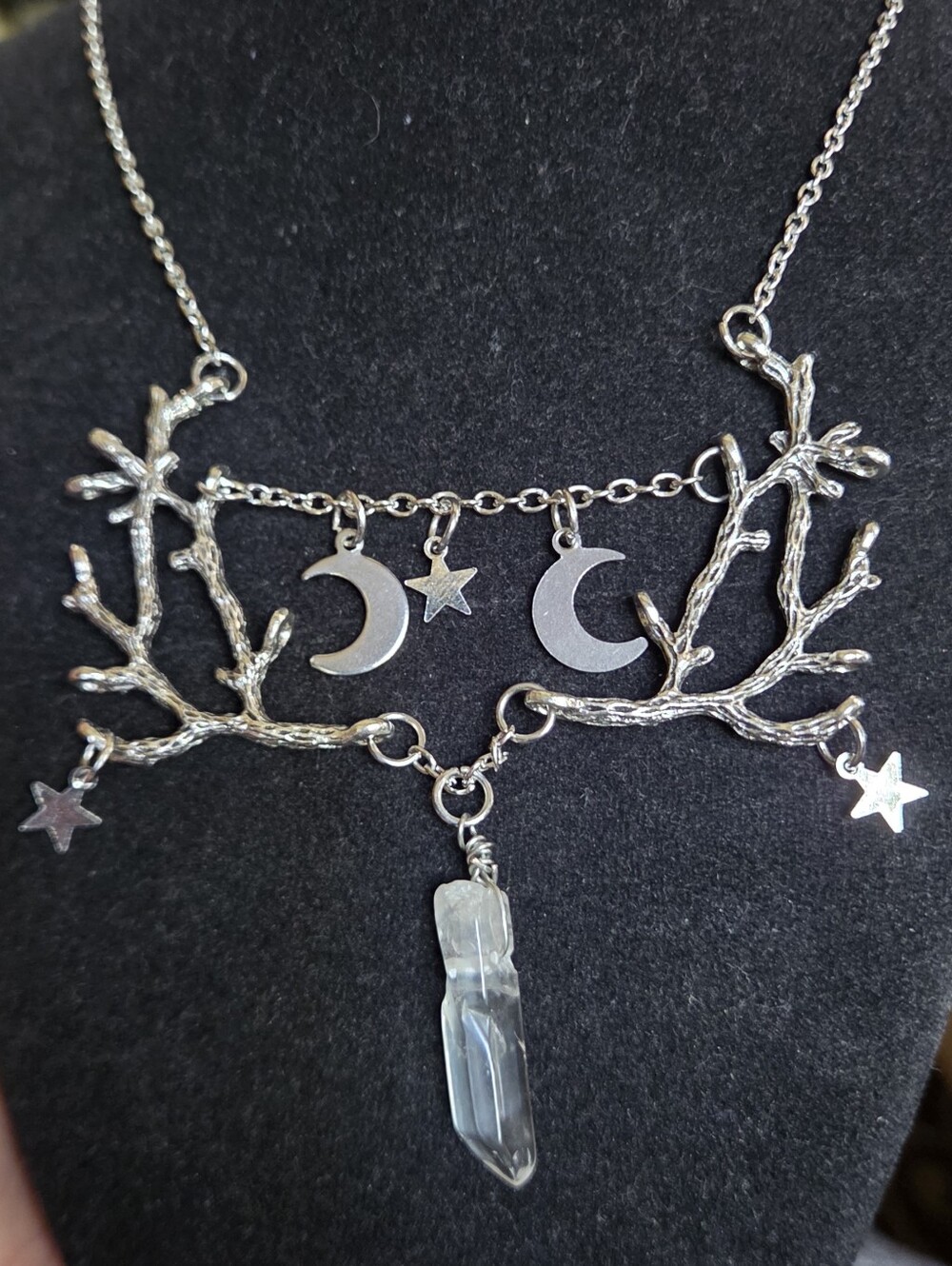 Silver Moon & Star Branch Necklace w/Quartz  Crystal Dangle 22" Adjustable - Picture 5 of 6